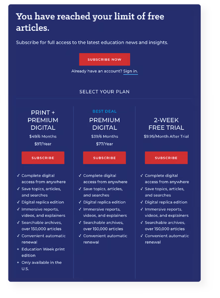 Education Week subscriber platform powered by Pelcro